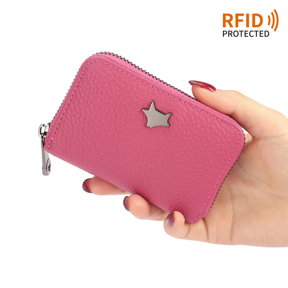 Rose red RFID Блокировка защищенная натуральная коровья кожа кошельки 12 слотов для карт кошельки женский кошелек для монет мини женская сумка для денег для девочек - Цвет: Rose red