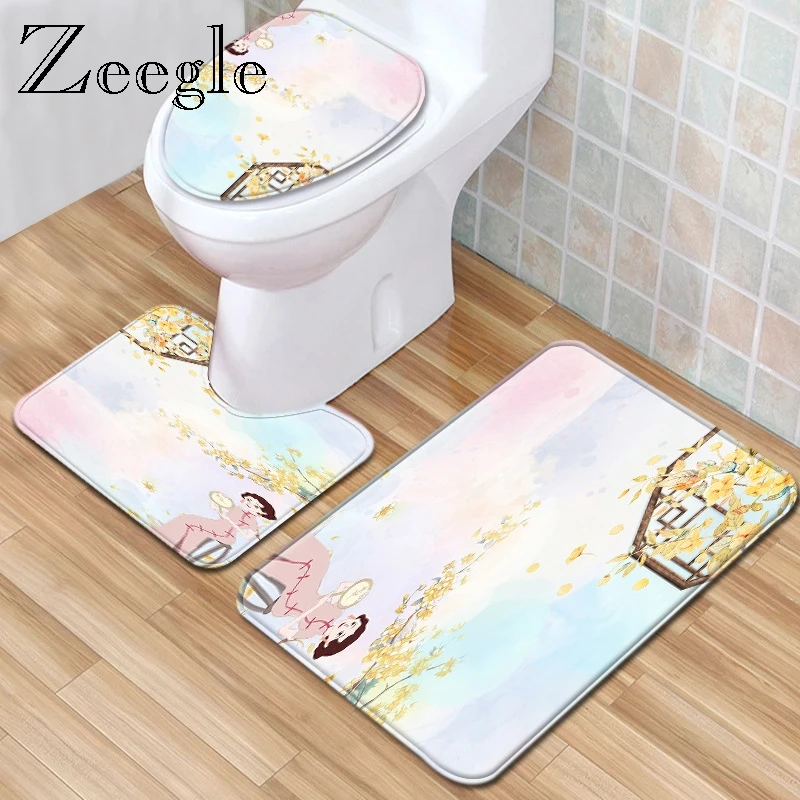 Zeegle 3pcs Bath Mat Set Anti-slip Bathroom Doormat Shower Mat Absorbent Toilet Pedestal Rug Flannel Soft Toilet Cover Seat Mat