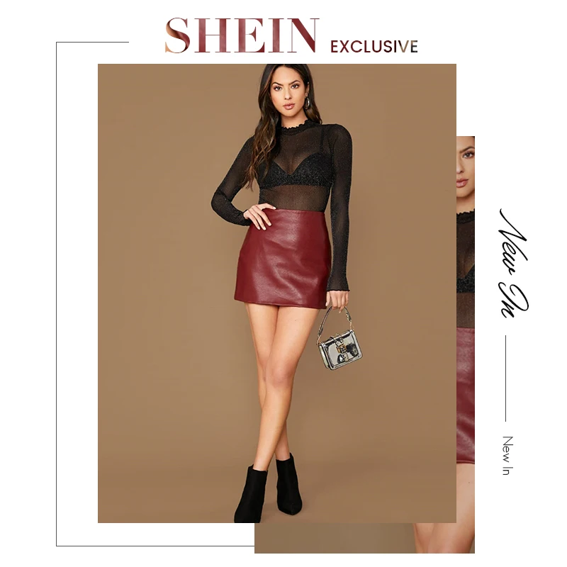 SHEIN черный салат Отделка Стенд воротник блеск сетка сексуальный топ без бюстгальтера Женский Топ осень с длинным рукавом однотонные вечерние прозрачные футболки