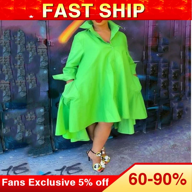 

Plus Size Shirt Dress Women 2020 Spring Summer Long Sleeve Solid Green Loose Single Breasted Irregular Long Dresses Sundress