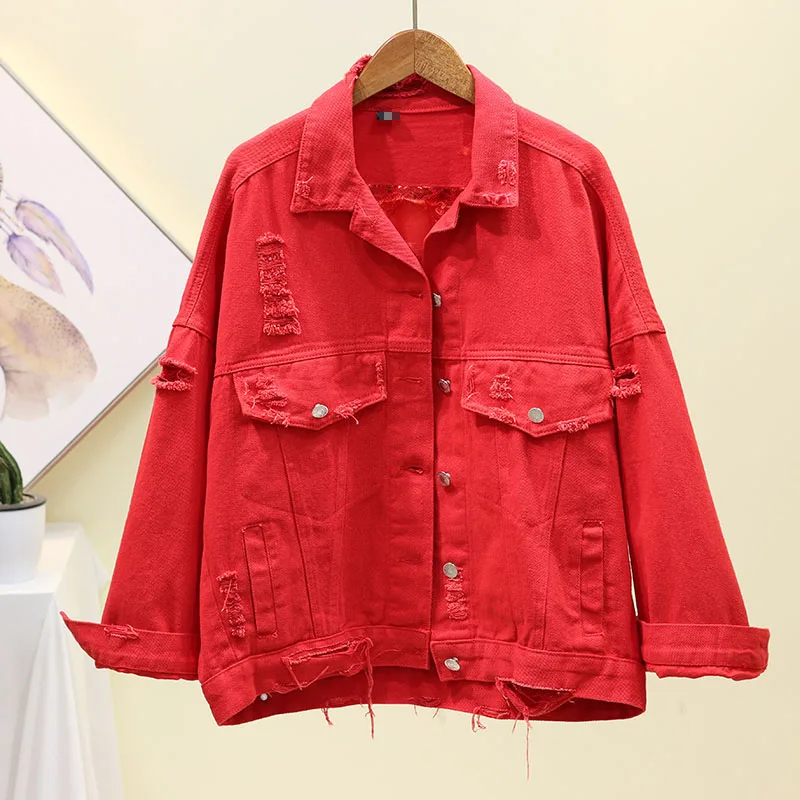 

New Female Sequins Tassel Splice Hole Jean Jacket Spring Autumn Loose Single Breasted Solid Color Lapel Denim Jacket Women A153