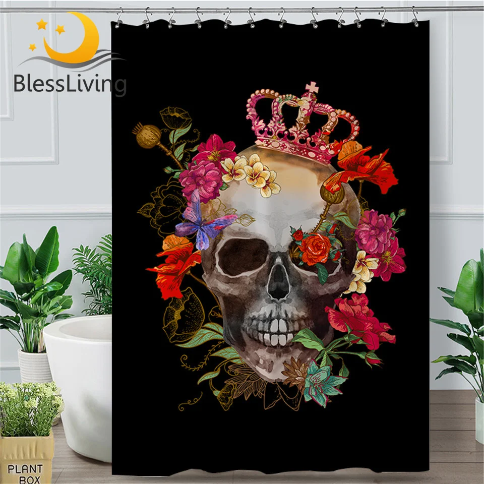 

BlessLiving Crowned Skull Shower Curtain Floral Waterproof Bath Curtain With Hooks Sugar Skull Gothic Bathroom Bathtub Decor