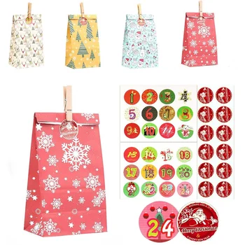 

Christmas Kraft Paper Bag Set Paper Storage Gift Bag Digital Sticker with Calendar Candy Bag Christmas Decoration