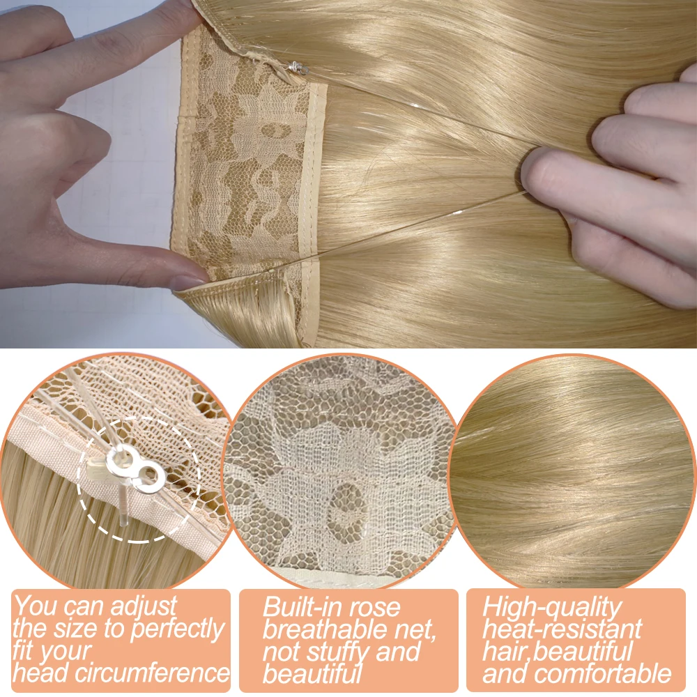 Synthetic No Clip Halo Hidden Hair Extension Ombre Artificial Natural Fake False Long Short Straight Hairpiece Blonde For Women