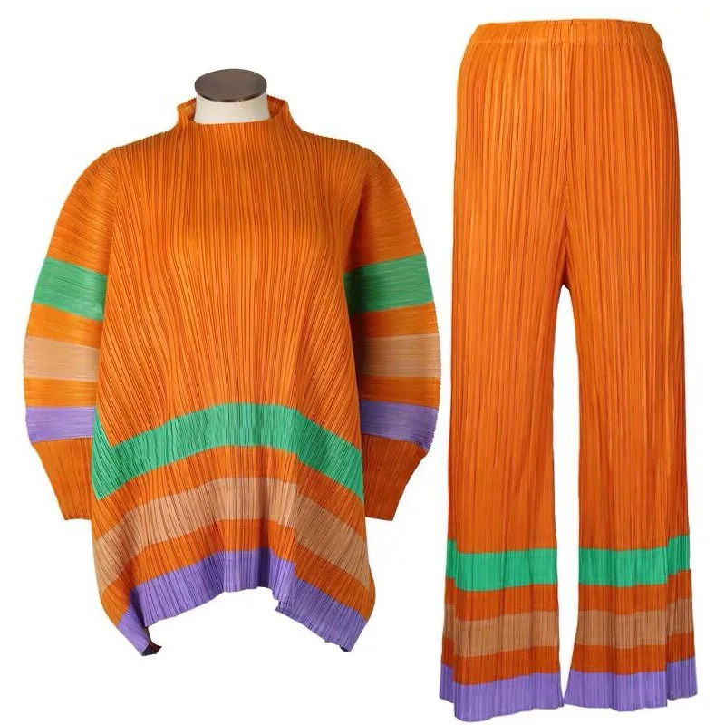 Подиум Miyake fold футболка+ широкие брюки Двухсекционный рукав летучая мышь большой размер контрастный костюм Женская мода темперамент