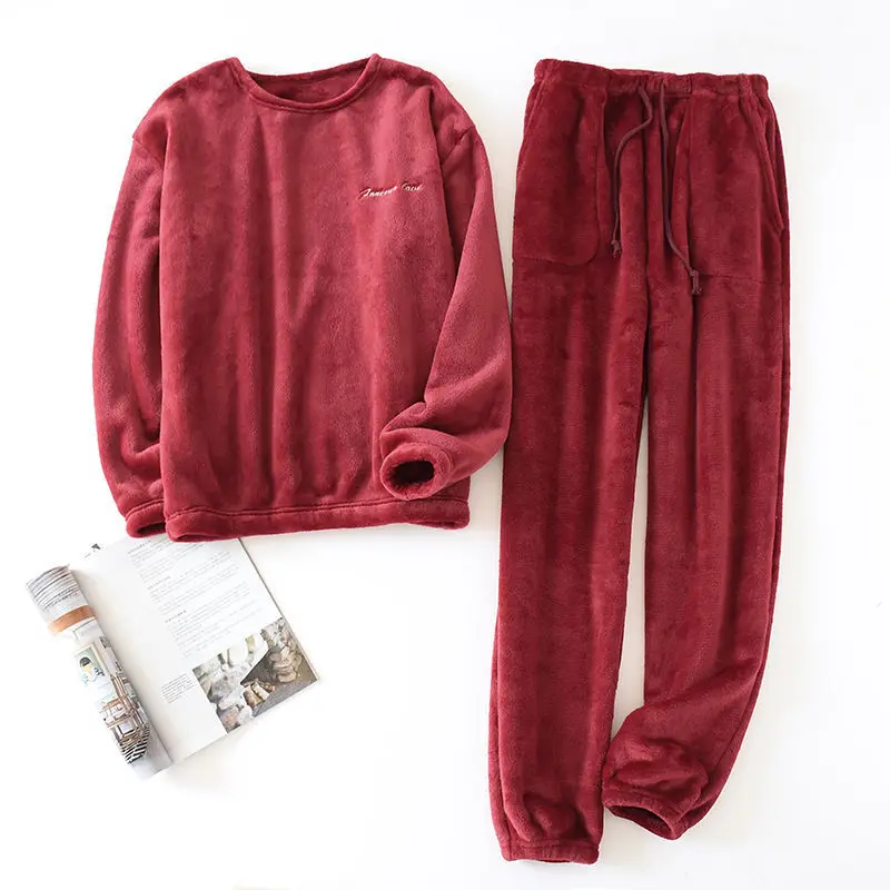 Men's Autumn And Winter New Pajamas Long-sleeved Trousers Flannel Warm Suit Plus Velvet Thickened Two-piece Home Service Men man pajamas set,flannel pajamas set