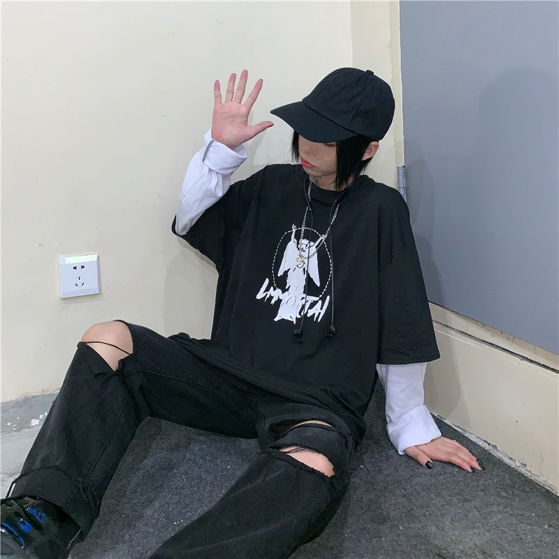 Lychee Harajuku Лоскутная темная ведьма с буквенным принтом женская футболка Поддельные 2 штуки осенние женские футболки женская футболка с вырезом лодочкой
