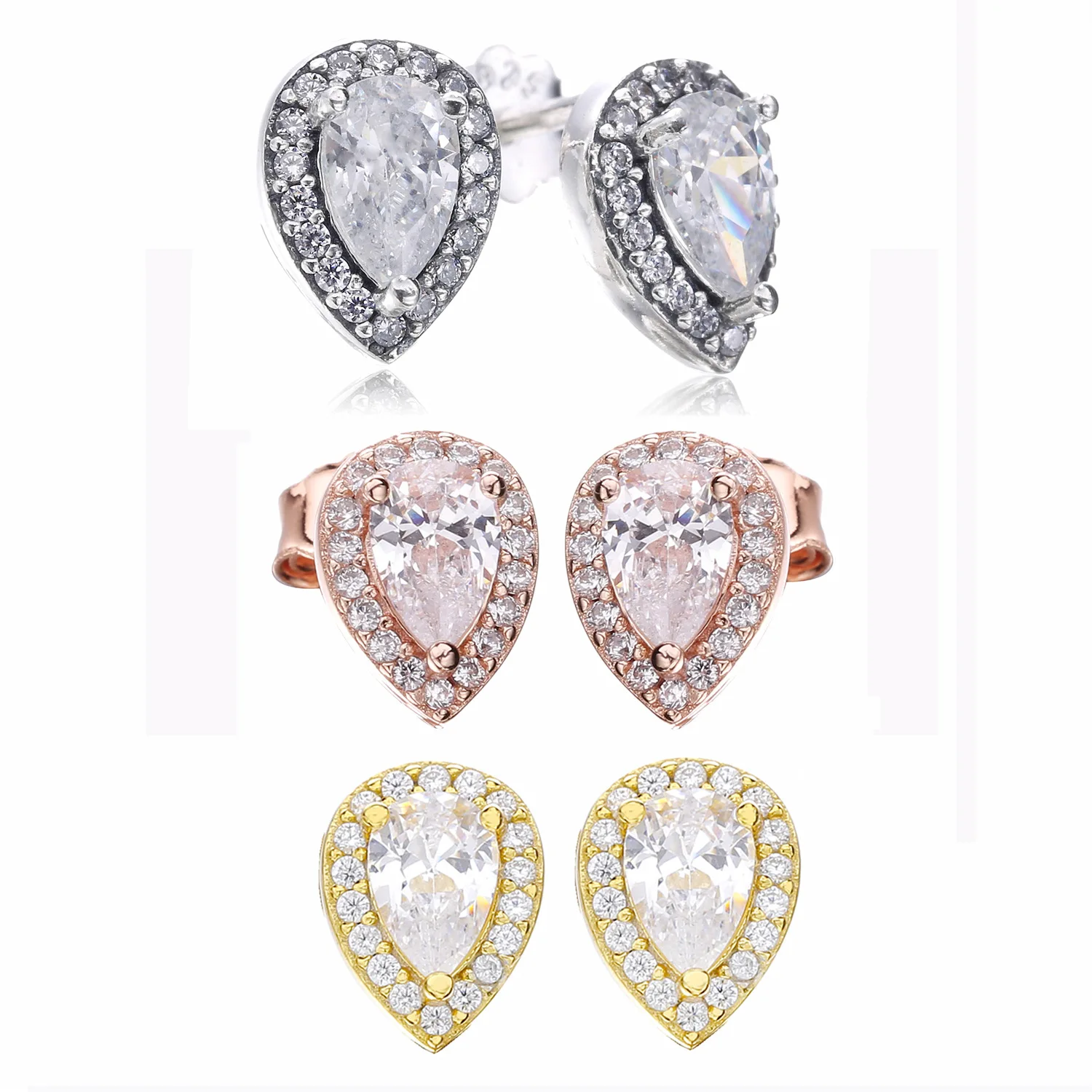 

Real 925 Sterling Silver Earring New Golden Shiny Cut Water With Crystal Earrings For Women Wedding Gift Fashion Jewelry