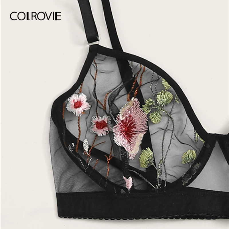 COLROVIE комплект нижнего белья на косточках с цветочной вышивкой, женское Прозрачное нижнее белье, сексуальные комплекты, цветочный бюстгальтер и стринги, Женский комплект с бюстгальтером