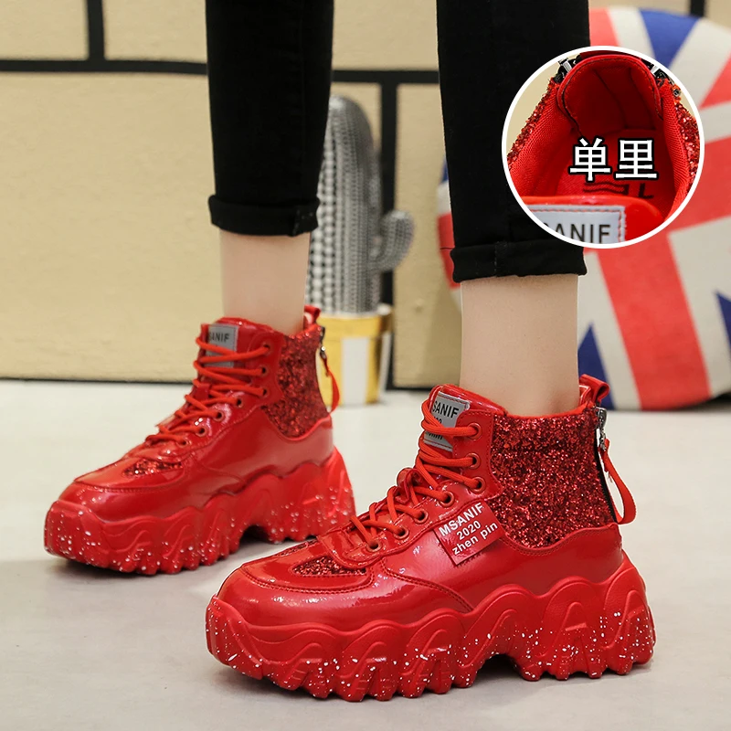 

Sneakers net red female outside heightened 10cm rhinestone patent leather graffiti bottom thick bottom sponge cake big red shiny