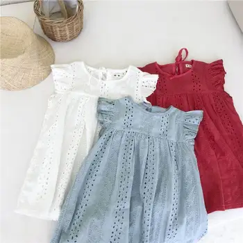 

Girl Hollow out Dress 2020 Summer New Children 3 color Cotton Sleeveless Princess Dress Kids Clothes 2-7years E53197