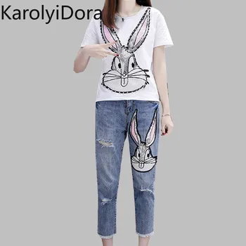 

2020 Spring Summer Women White Sequins T Shirts Pants Suits Casual Cratoon Printed Cotton Tshirt And Hole Denim Trousers Set