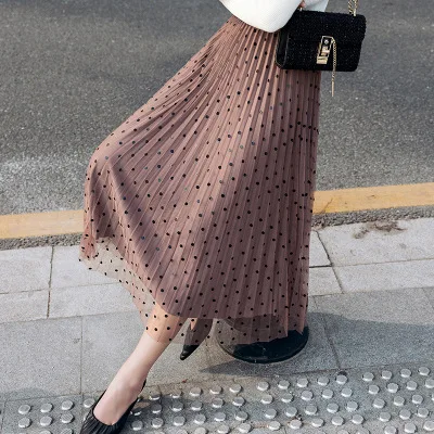new autumn dot mesh skirt maxi women pleated pink skirts velvet winter long skirts for ladies streetwear jupe mujer