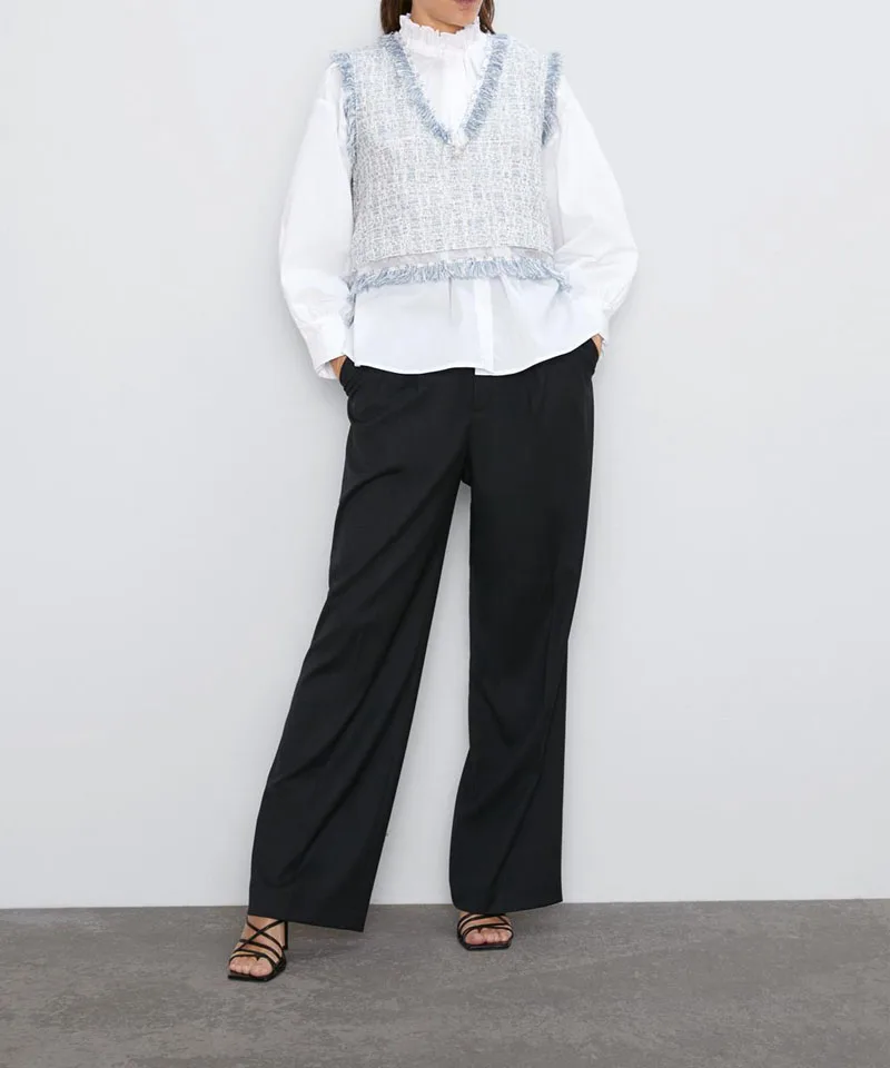 New Women Autumn V neck Woolen Tank Tops Sleeveless Tassel Vest Shirts Office Lady Solid Color Preppy Style Tops KY9809