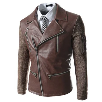 

Patchwork Men Faux Leather Jacket Turn-down Collar Winter Jacket Autumn Motorcycle PU Leather Coat