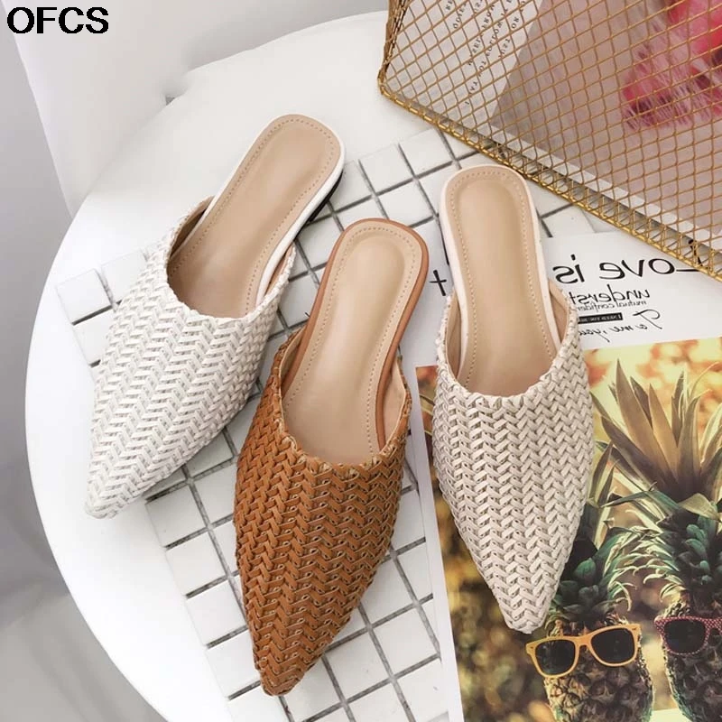 

2019 New Fashion Women Slippers Outside Beach Flat Slides Weave Mules Shoes Pointed Toe Half Slipper Woman shoes Size 35-40