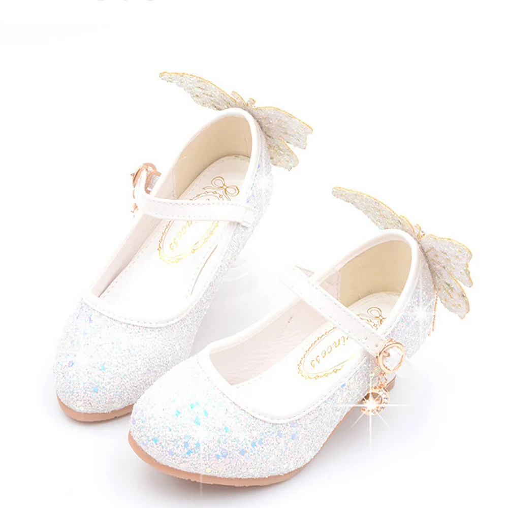 Детская блестящая обувь для девочек; chaussures prinsessen schoenen; блестящие босоножки с бантом; модельные туфли на высоком каблуке - Цвет: Белый
