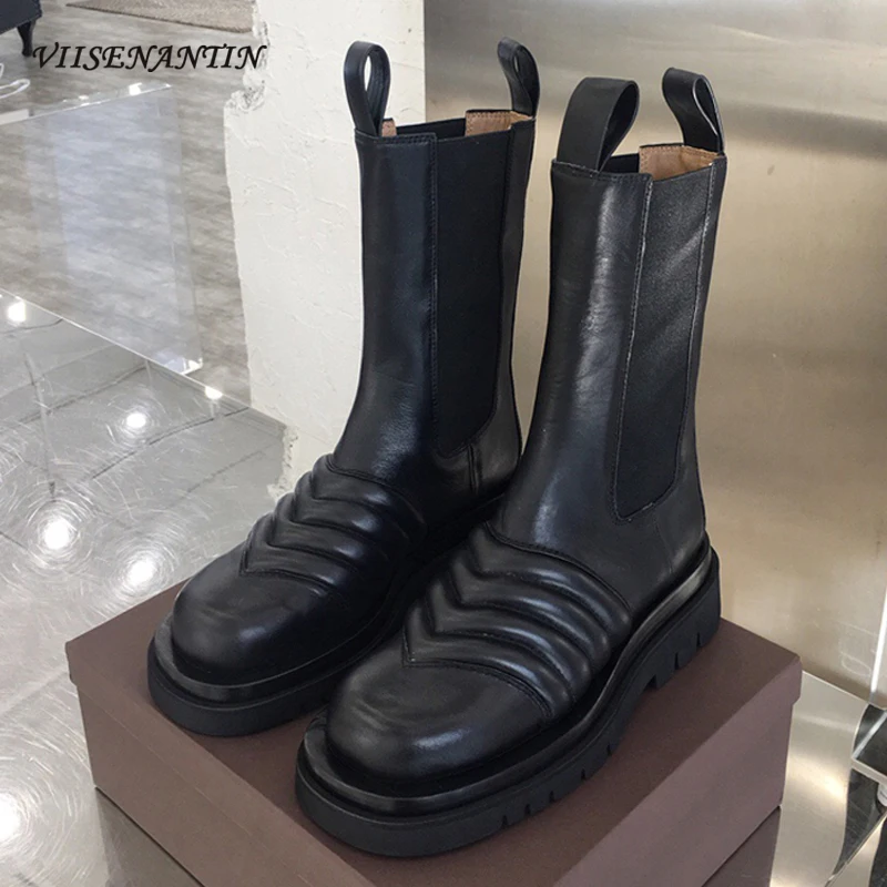 VIISENANTIN; Модные женские полусапожки из натуральной кожи с волнистым узором; Цвет черный, белый, коричневый; эластичные ботинки без застежки на плоской платформе