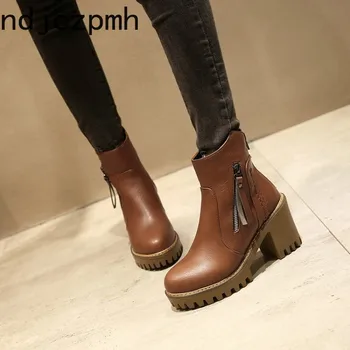 

New Women Shoes Winter Fashion Round Head Zipper Thick Heel High Heel Short Tube Heel Height 8cm Martin Boots Plus Size 34-43