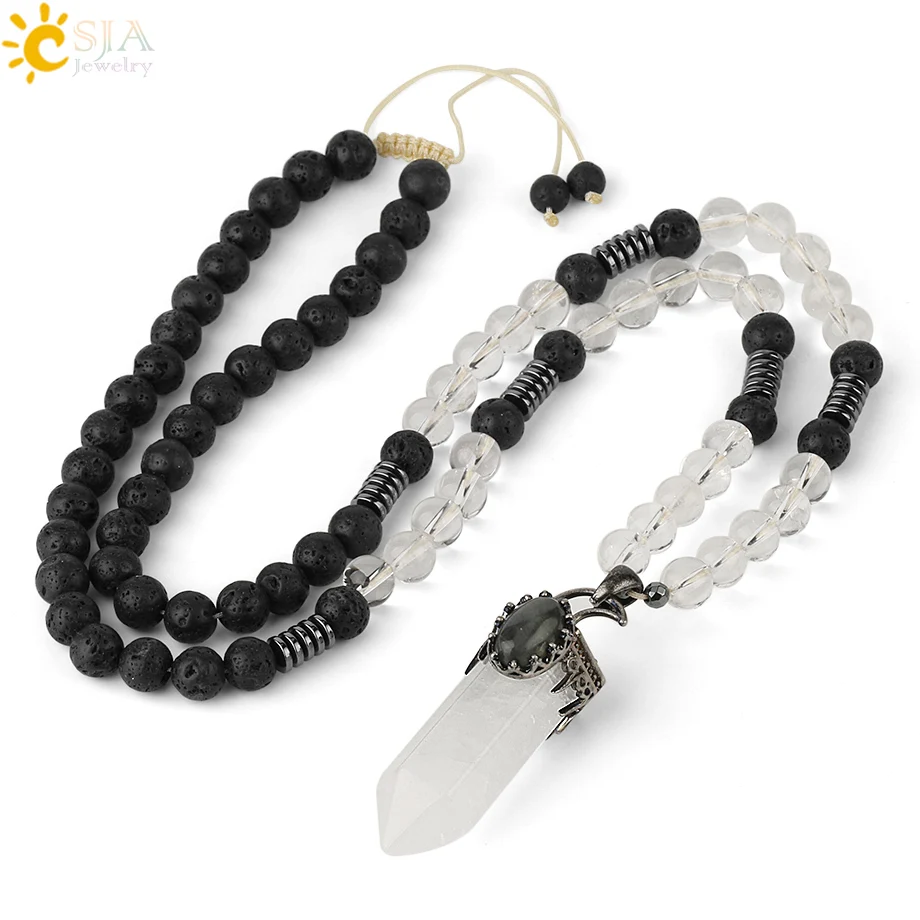 White Crystal CSJA длинное из натурального камня ожерелья античный серебряный цвет шестиугольник кулон в форме колонны Лава свитер с бисером цепи для женщин мужчин ювелирные изделия G311 - Окраска металла: White Crystal