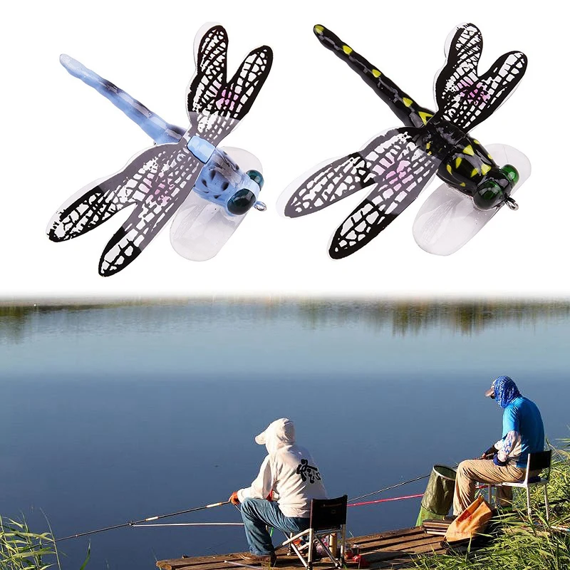 Hot-2 Pcs Fishing Floating Bait Dragonfly Artificial Simulated Fly Fishing Lure Colorful Baits Bionic Water Surface Fly Insect A