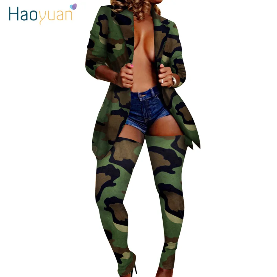 camo ZKYZWX Осень Зима 2 шт. женские пикантные Клубные наряды Блейзер брюки соответствующие наборы камуфляж Леопардовый принт из двух частей праздничная одежда - Цвет: camo