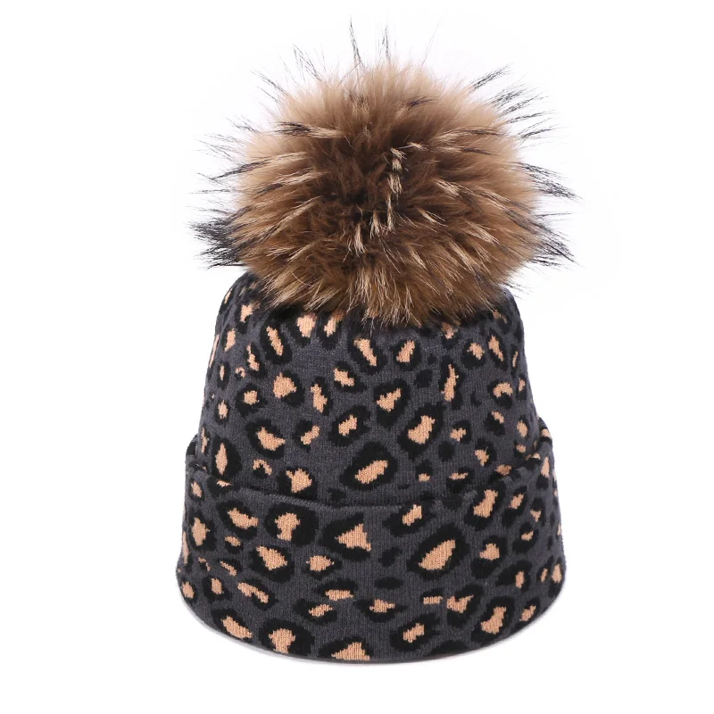 Зимняя леопардовая Вязаная Шапка-бини, Толстая Женская Вязаная Шапка-бини с помпоном из натурального меха, теплая уличная шапка для девочек - Цвет: B
