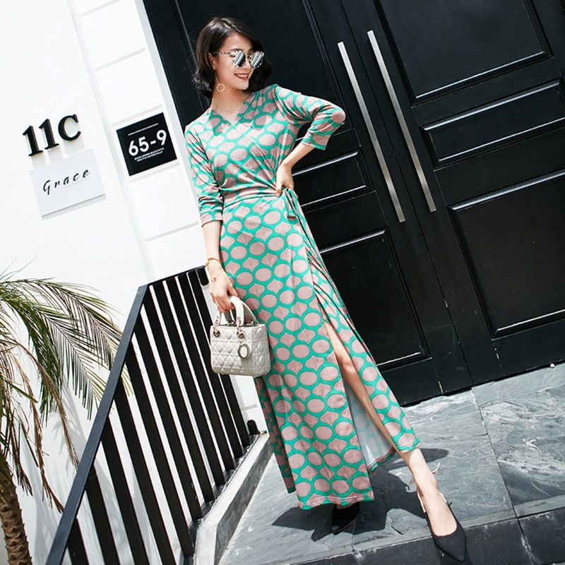 

Summer new ladies V-neck split polka dot green dress 3/4 sleeve high waist slimming wrap dress