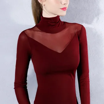 

2020 new solid color high neck long sleeve chiffon T-shirt women gray