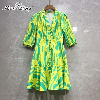 

MIAOQING Print Hit Color Women's Dresses V Neck Half Sleeve High Waist Ruched Mini Dress For Female Fashion 2020 Clothes New