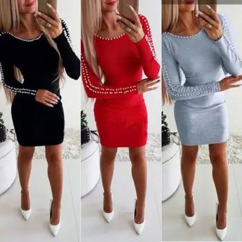 

Women Sexy Shoulder Beading Bodycon Dress Ladies Evening Party Mini A-Line Dress