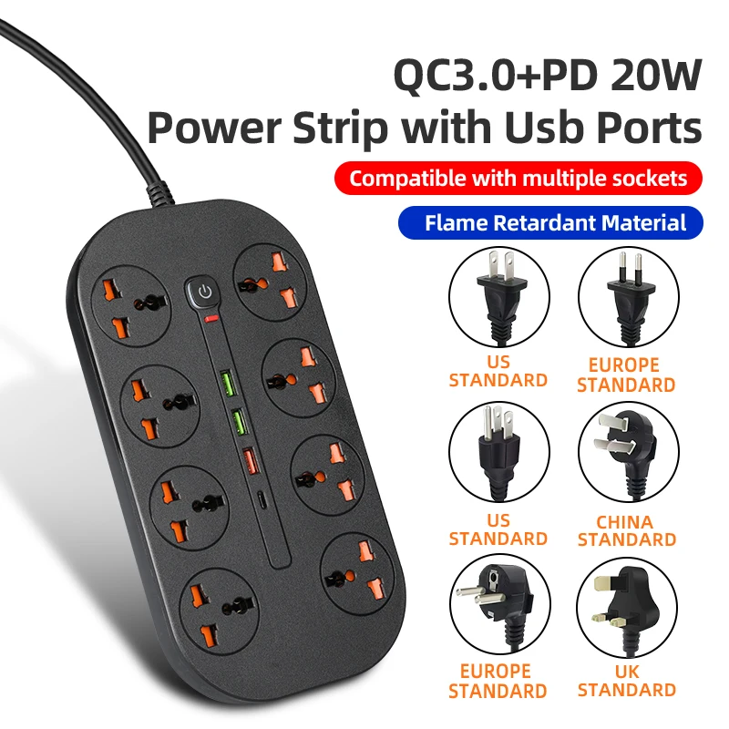 Univeral Multi Usb Charger QC3.0 PD 20W 3000W Outlets Power Strip With 8 AC Sockets 2M Long Extension Cord | Мобильные телефоны и