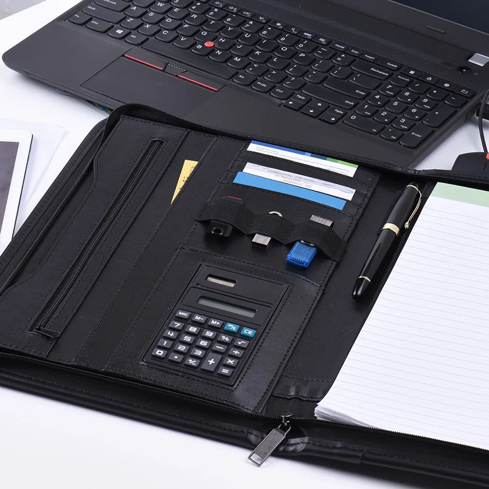 

PU Leather Briefcase A4 Business Binder Padfolio Portfolio With Calculator A4 Portfolio File Organizer