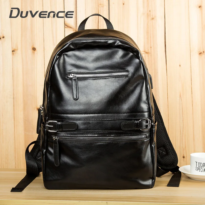 

Black Men Backpack fit for 14" Laptop Travel Backpacks for Man Large Capacity School Casual PU Leather Male Backpack Zipper