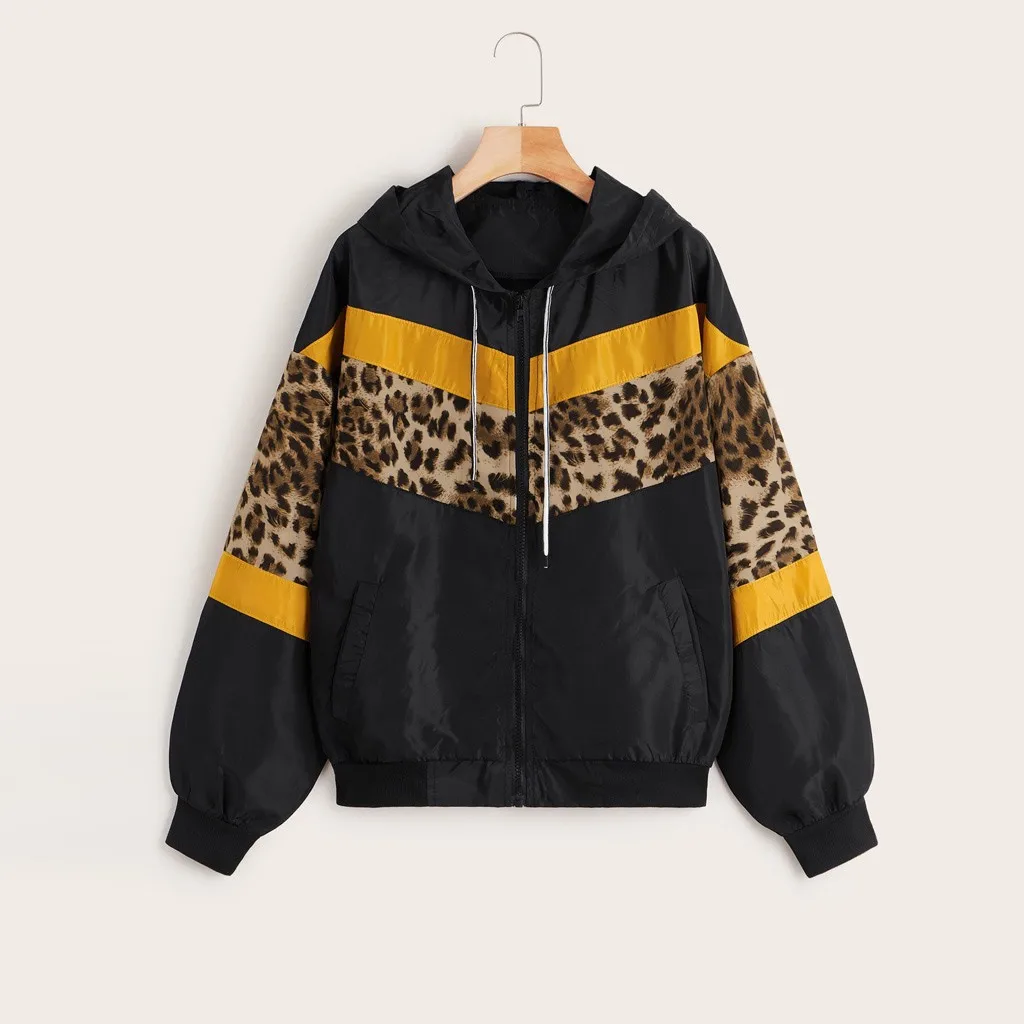 

Women's Windbreake Jacket Female Multicolor Leopard Patchwork Hooded Jacket Basic Jackets Color Block Coats For Women 2019 New