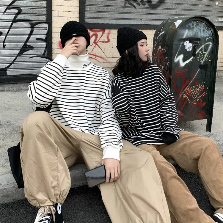 Водолазка с вышитыми буквами, полосатый Топ Harajuku, уличная одежда, графический свободный свитер, пуловер, толстовки для женщин и мужчин, корейская мода