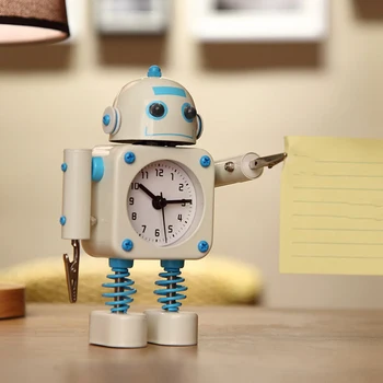 

Promotion! Non-Ticking Robot Alarm Clock Stainless Metal - Wake-Up Clock with Flashing Eye Lights and Hand Clip Blue