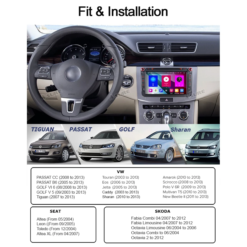 Discount A-Sure 2 Din 8 Core 4G RAM Android 9.0 Radio GPS dvd Navi For Volkswagen VW GOLF MK5 MK6 PASSAT B6 TOURAN Polo Tiguan SEAT SKODA 5