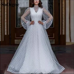 SoDigne A Line White Dotted Tulle Prom Dresses Puff Long Sleeves High Neck Floor Length Saudi Arabia Evening Gowns