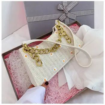

Fashion Daisy Embroidery Women Shoulder Bag Summer Beach Rattan Straw Bag High Quality Metals Chains Handbag Messenger Bags 2020
