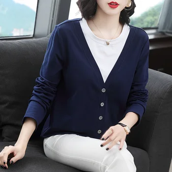 

Women T-Shirt Cotton Faux Two Piece Long Sleeve Lady T Shirt Patchwork Spring Autumn Female Blusa Blue Plus Size Fashion Top Tee