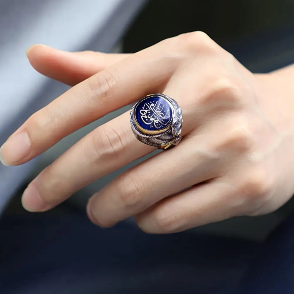 Винтаж турецкий ислам синий кристалл ислам ic кольцо для мужчин Панк Рок Хип-хоп Саудовской мусульманской Османской резной узор кольца ювелирные изделия для мужчин подарок