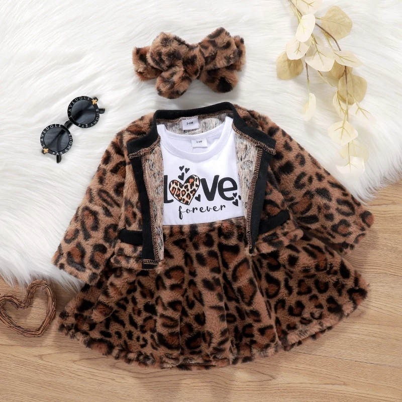 baby clothing set line Infant Baby Girls Letter Long Sleeve Headband Warm Leopard Princess Outwear Cardigan Winter 3 Pcs baby shirt clothing set