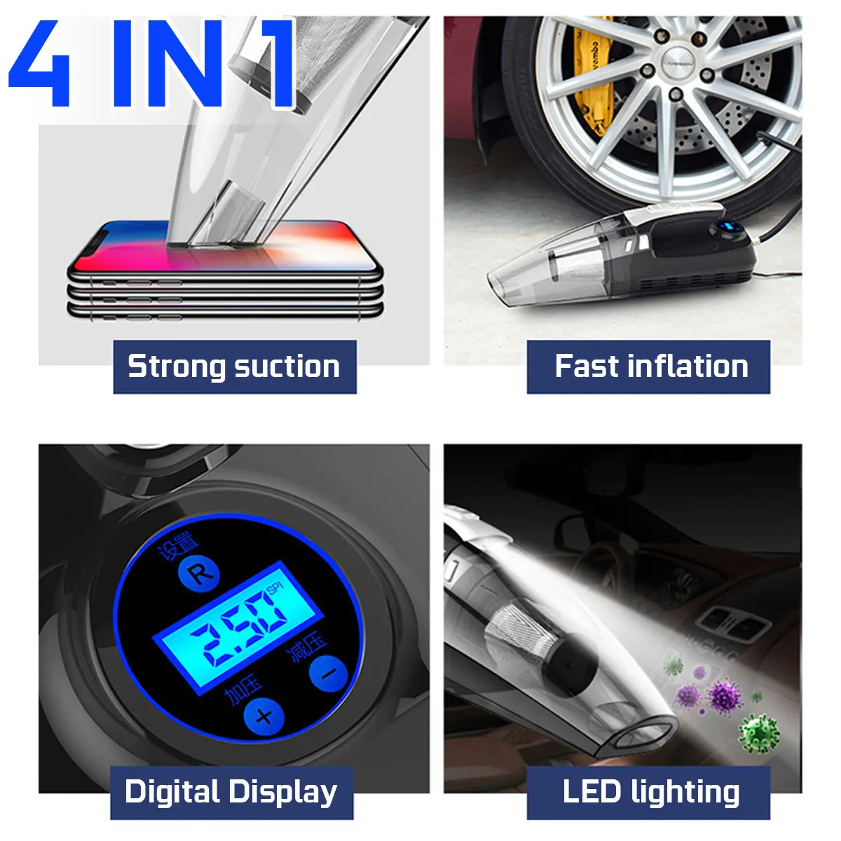US $29.73 4 In 1 Car Handheld Vacuum Cleaner With Digital Tire Inflator Pump Pressure Gauge LED Light Vacuum Cleaner For Home Auto Car