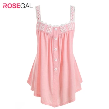 

ROSEGAL Pig Pink Plus Size Applique Two Tone Button Tank Top For Women Square Neck Sleeveless Button Tops Appliques Summer