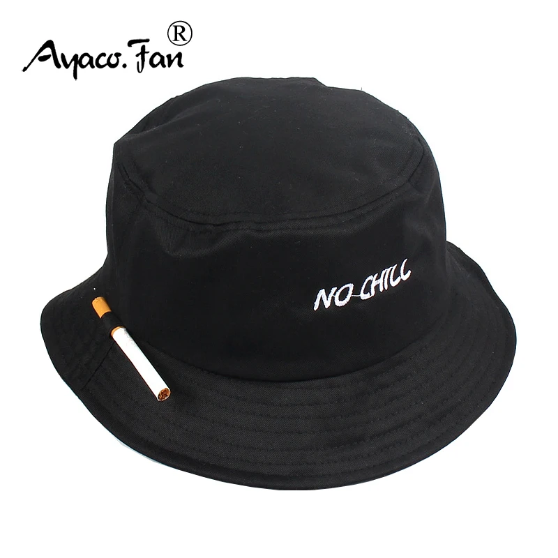 2021 Solid Black Men Women Bucket Hat Cigarette Embroidery NO CHILL Hip Hop Fishing Cap Adult Unisex Panama Bob Hat  Flat Sunhat 1