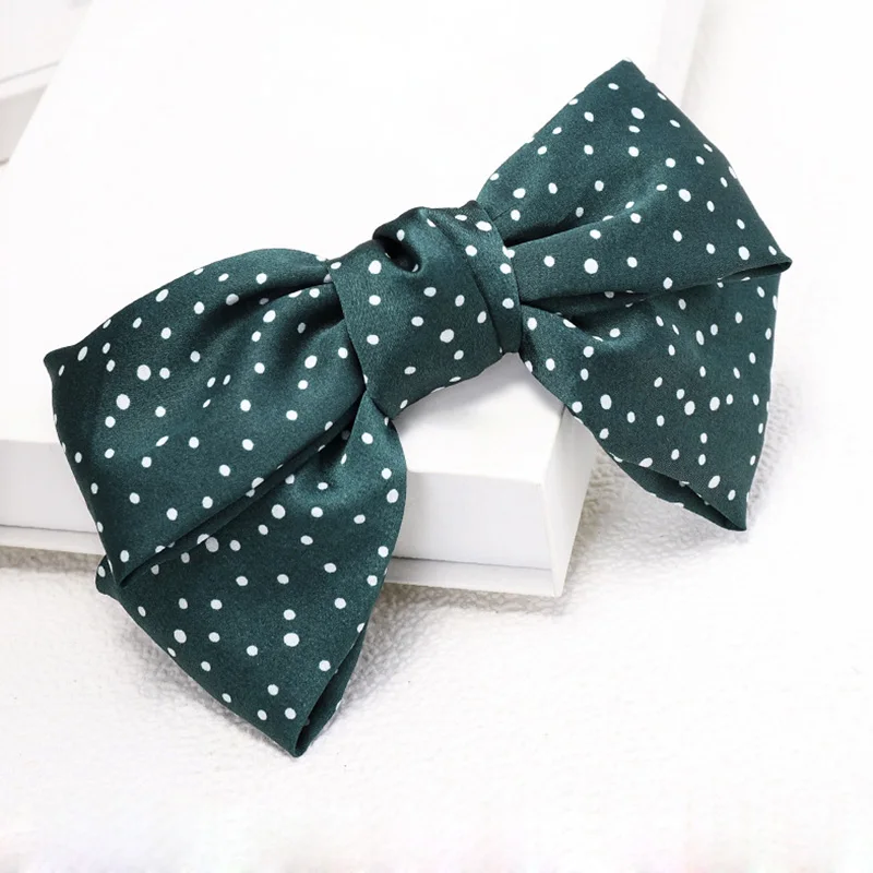 dark green 12 шт., корейский стиль, с принтом в горошек, с большим бантом, на клипсах, для женщин и девушек, головные уборы, изысканные заколки, большие шифоновые атласные банты для волос, аксессуары - Color: dark green