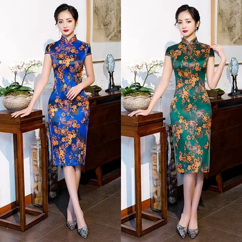 

Plus Size 4XL Women Oriental Retro Cheongsam Summer Print Floral Elegant Evening Dress Vintage Chinese Robe Costume Slim Qipao