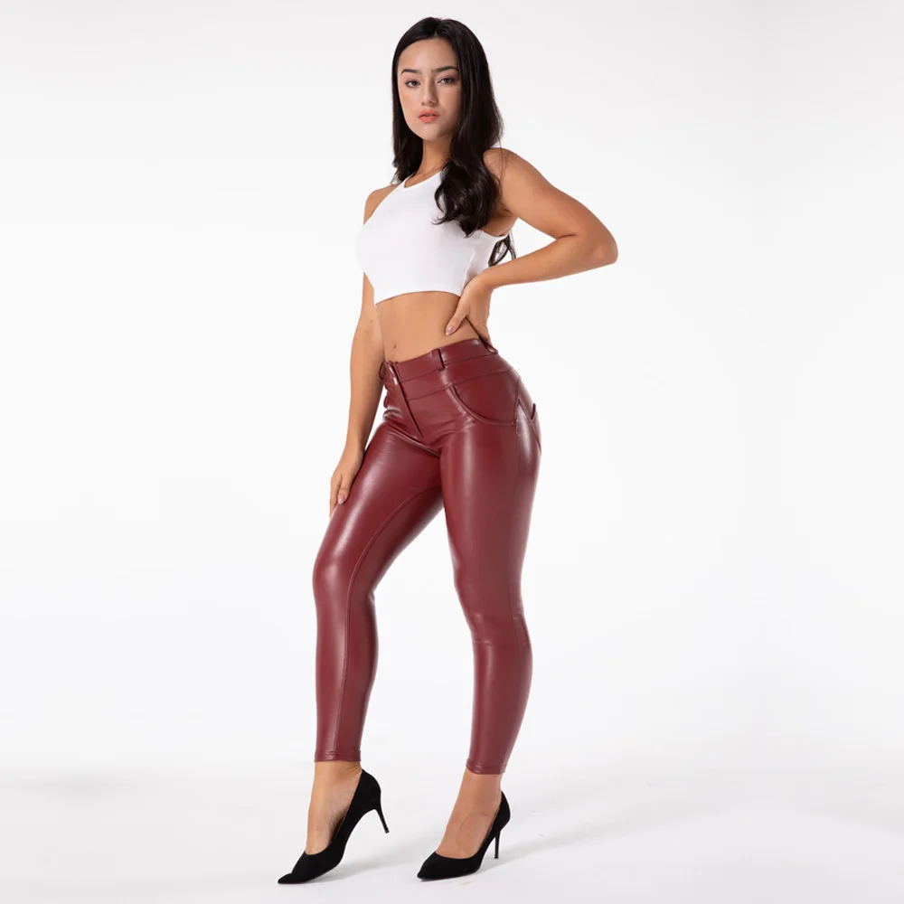 Shascullfites Enhancing Fitness PU Leggings Burgundy Push Up Slim Pants Faux Leather Pants Trousers Streetwear Booty Lift Pants