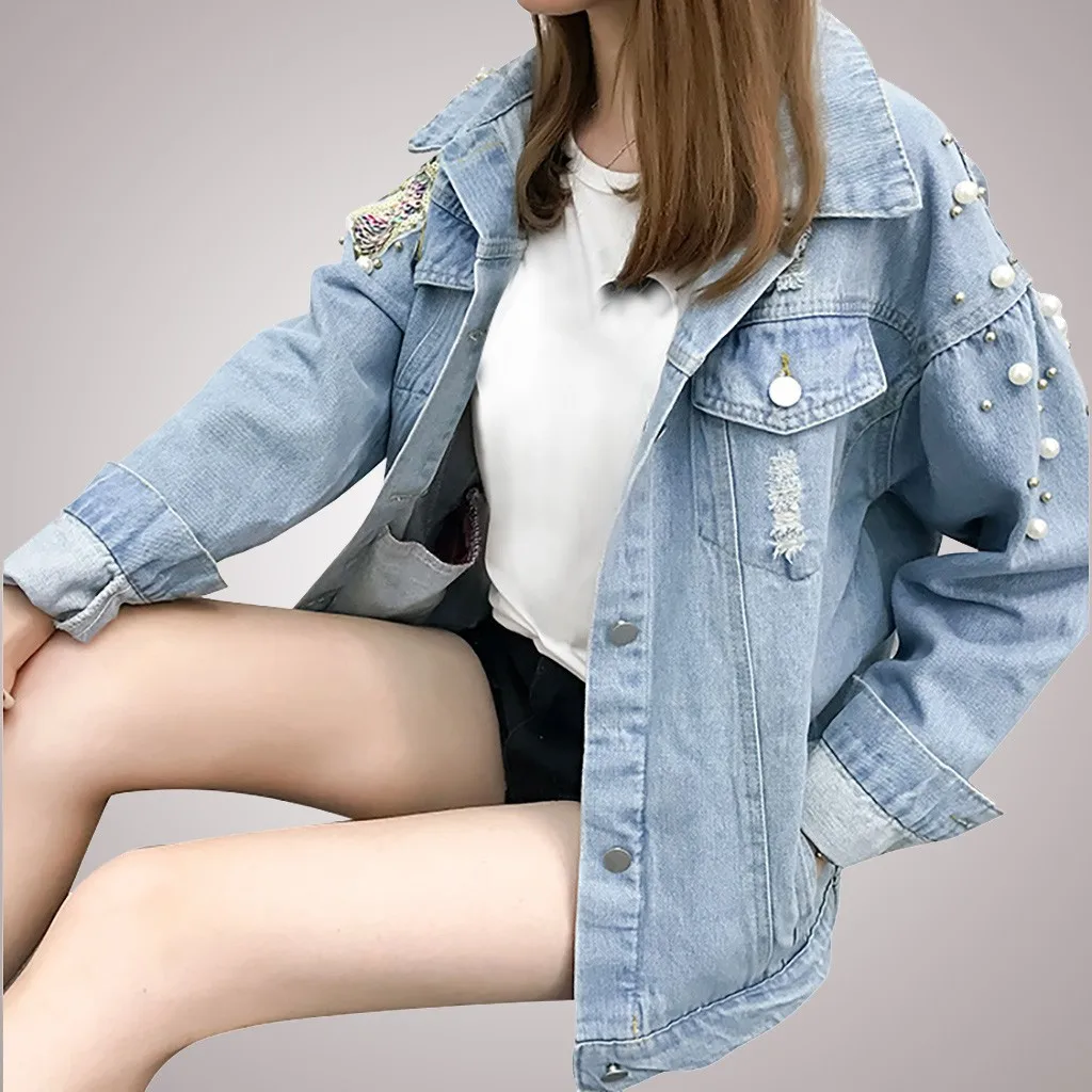 Весна, женские джинсовые куртки с жемчужинами и бисером, 5Xl, повседневные джинсы, куртка-бомбер с длинным рукавом, джинсовое пальто корейского размера плюс